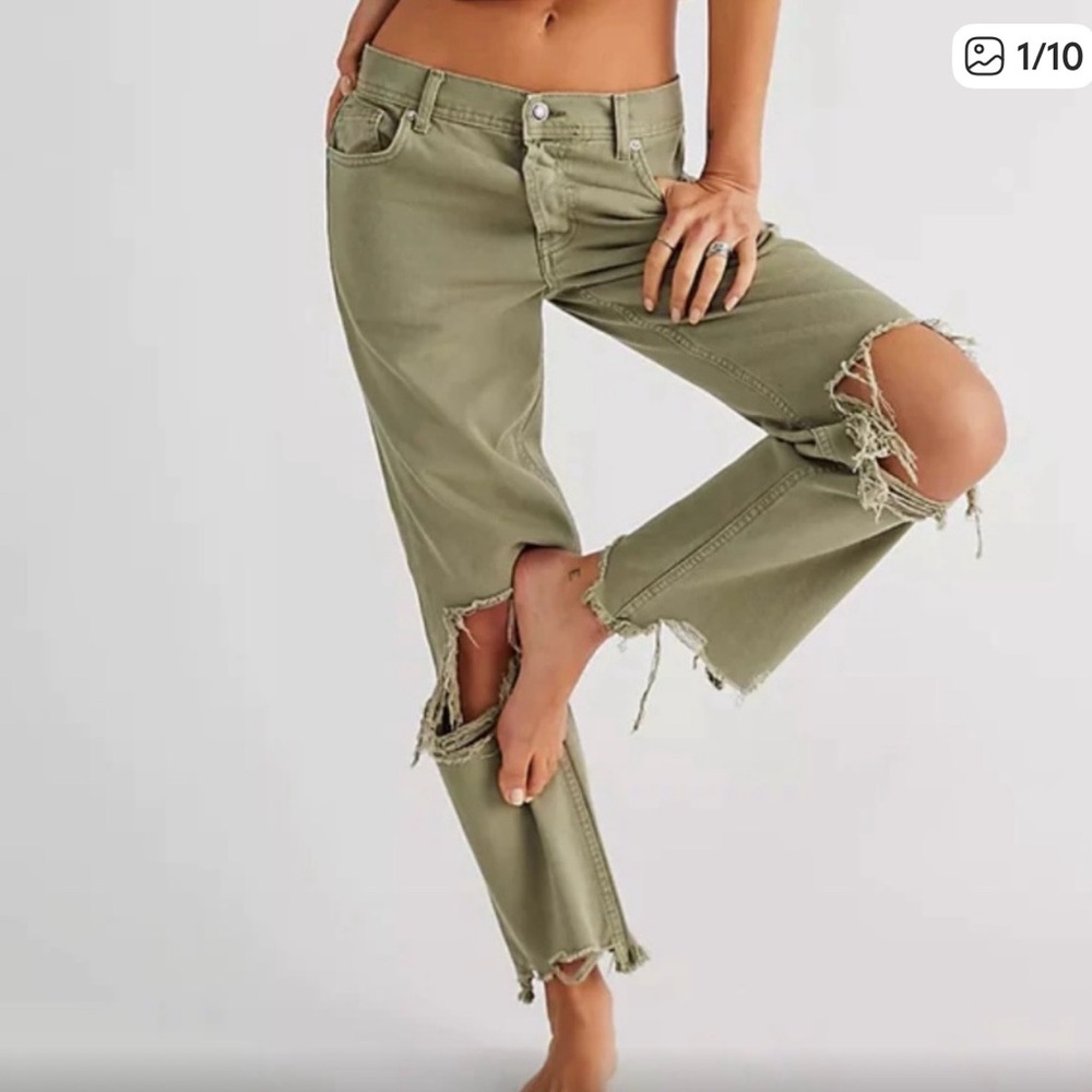 Free People - We The Free Sage Green Mid Rise Distressed Jeans Size 26